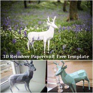 three different papercraft deer sculptures in the woods