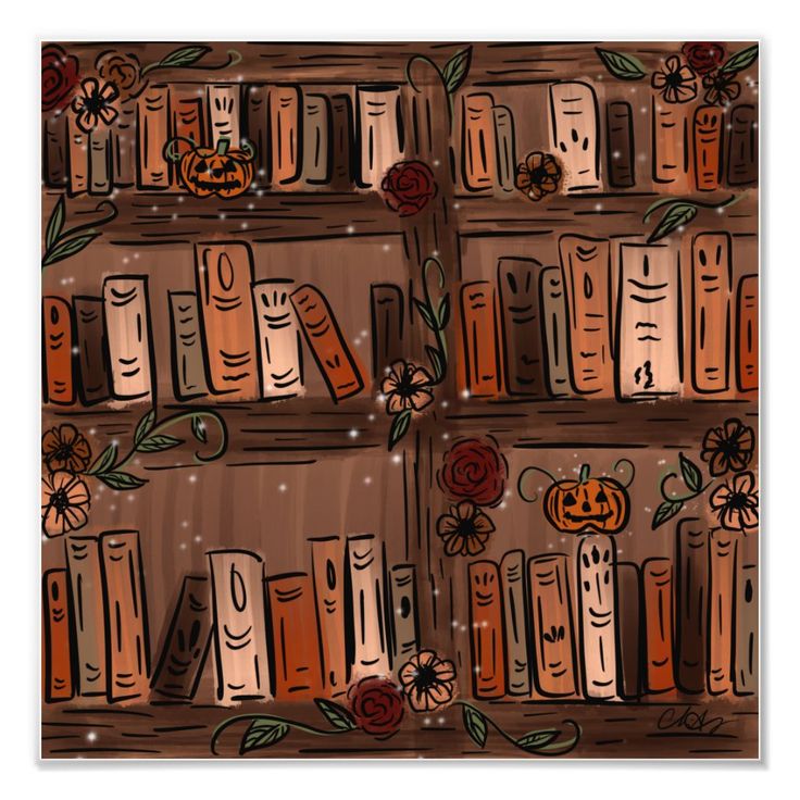 a book shelf filled with lots of books and pumpkins on top of it's shelves