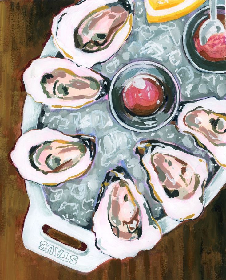 an oil painting of oysters on a plate