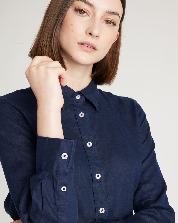 This shirt is the epitome of low-maintenance luxe. As a button-up, it's a classic wardrobe essential, but we love to wear it open as a spring/summer light layer. Our linen is made from 100% European flax, which is more sustainable and less resource-intensive to grow. Linen is the ultimate year-round fabric because it's breathable and naturally heat-regulating.  | Quince | Women's 100% European Linen Long Sleeve Shirt in Deep Navy, Size Large Blue Linen Shirt, Oversized Linen Shirt, Classic Wardrobe Essentials, Wide Leg Linen Pants, Classic Wardrobe, European Linens, Organic Linens, Womens Long Sleeve Shirts, Linen Clothes