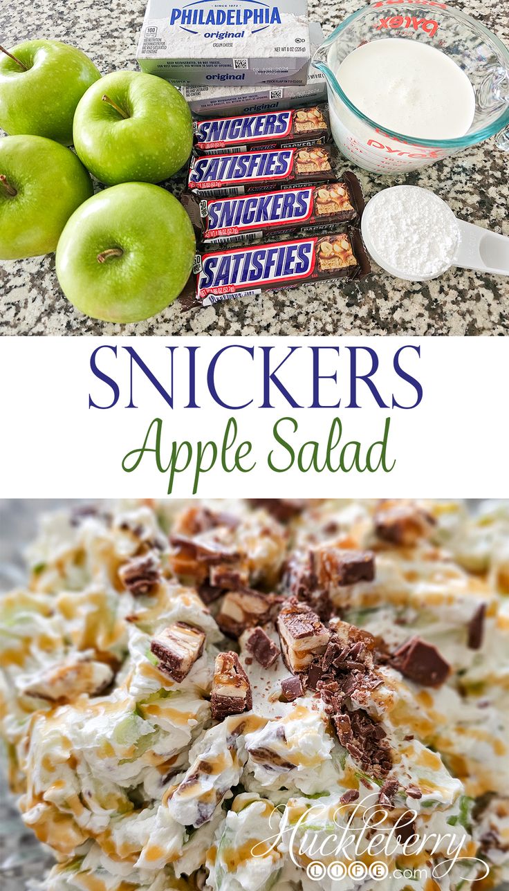 an apple salad made with snickkers and apples is shown in the middle, along with other ingredients to make it