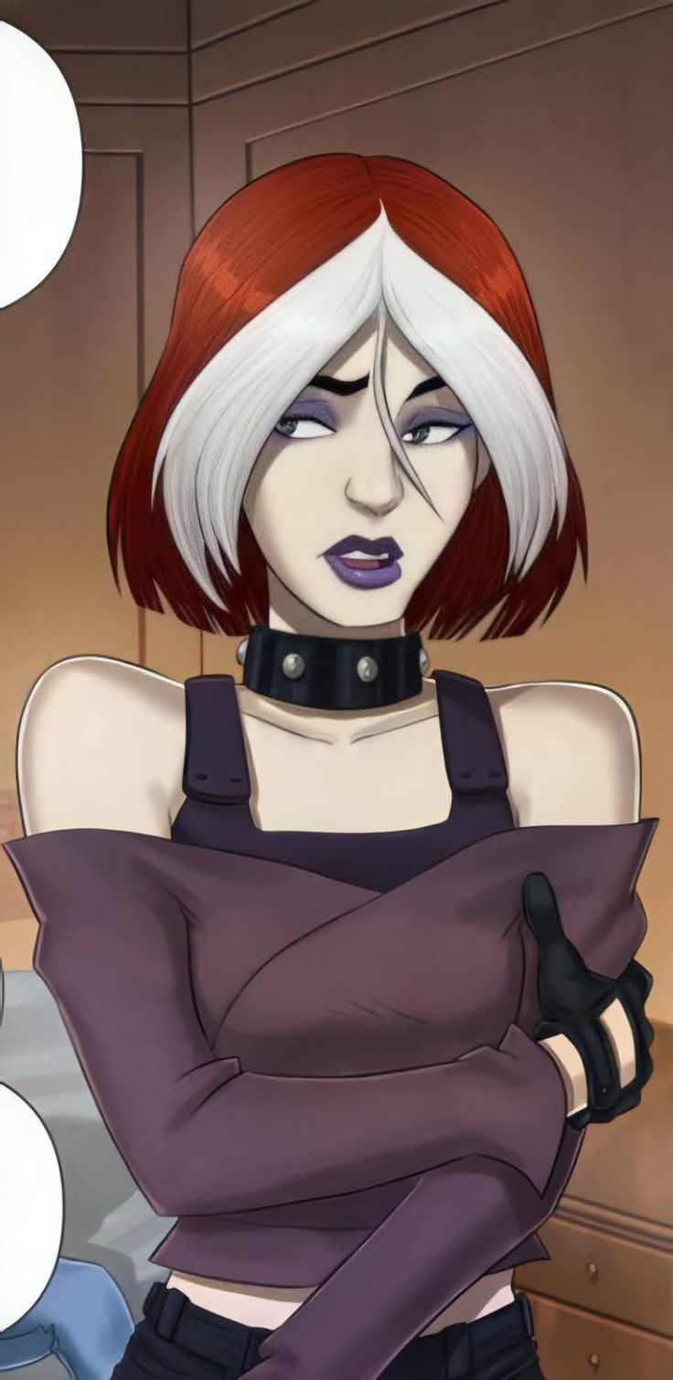 an animated woman with red hair and black gloves on her chest, standing in front of a