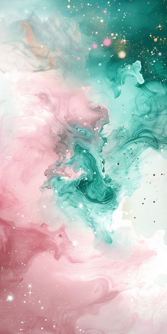 an abstract painting with pink, blue and green colors