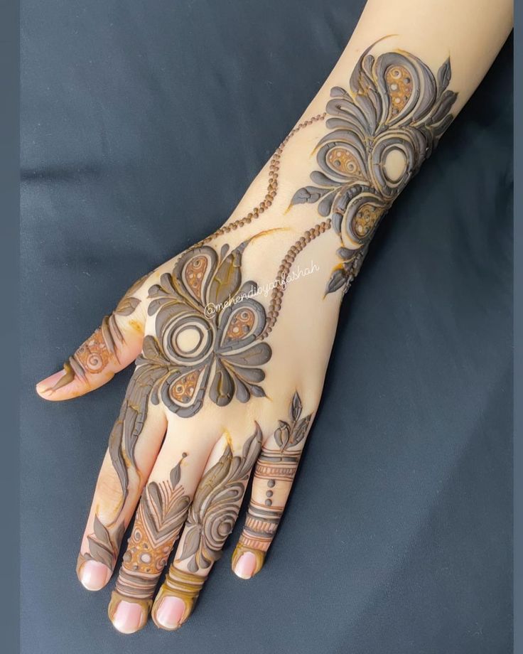 a woman's hand is decorated with hennap and intricate designs on it