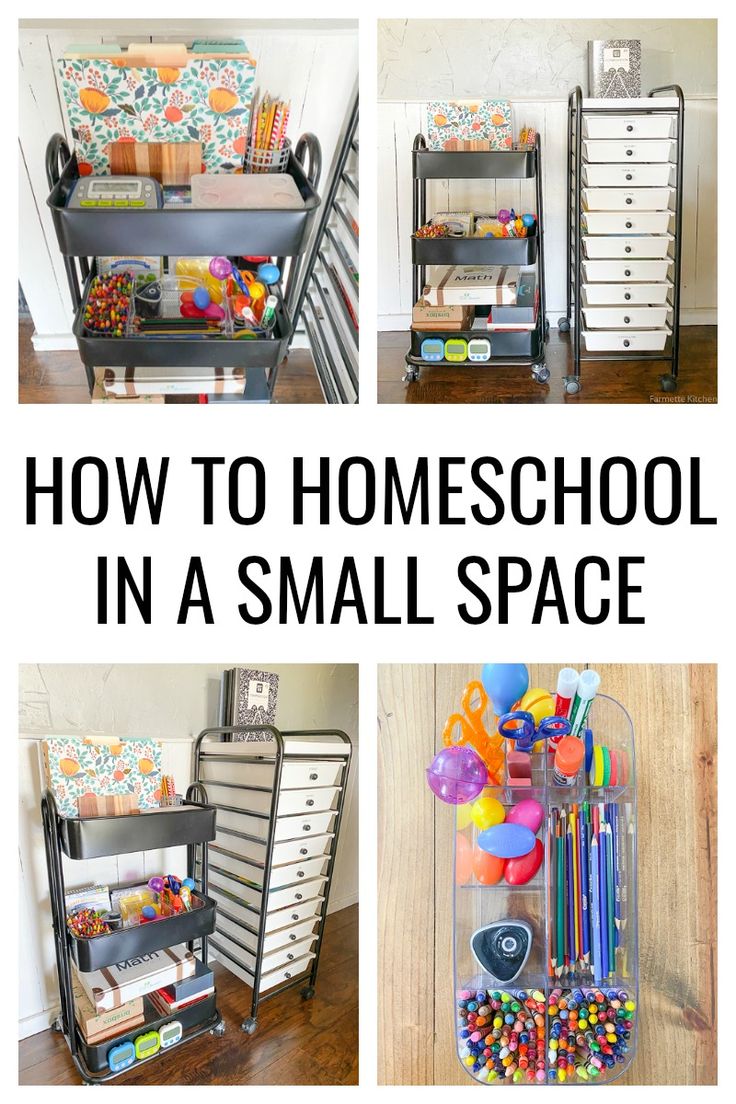 three pictures of the back to school in a small space with text overlay that reads how to homeschool in a small space