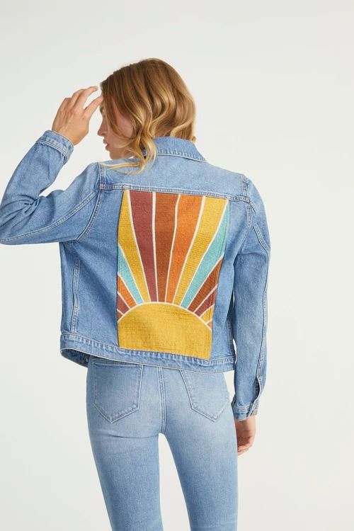 Denim Jacket - Sundaze – Driftwood Jeans Diy Jacket Refashion, Denim Jacket Diy Paint, Jean Jacket Diy, Wardrobe Stand, Upcycled Jackets, Custom Jean Jacket, Upcycled Denim Jacket, Diy Denim Jacket, Embroidered Jean Jacket