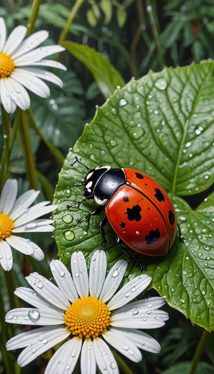 a ladybug sitting on top of a green leaf next to white daisies