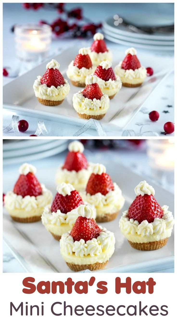 small cupcakes with whipped cream and strawberries on top are shown in three different pictures