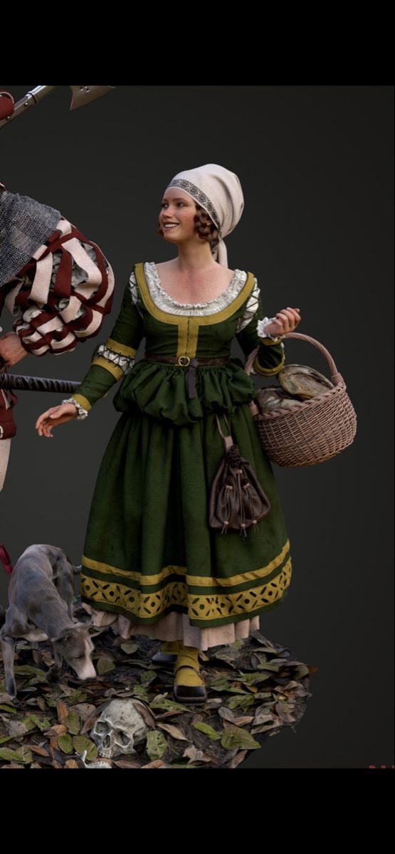 two figurines are dressed in medieval clothing and one is holding a basket while the other holds a bird