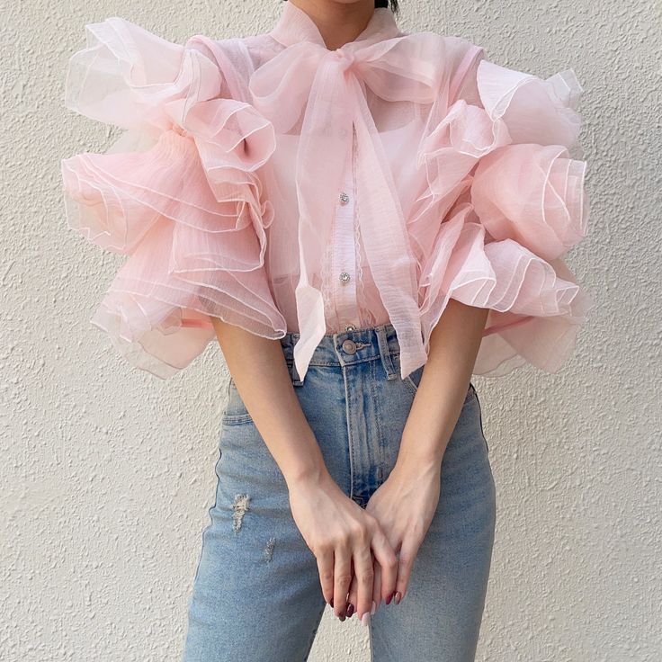 Fluffy Sleeves Blouse, Frilly Sleeves, Rose Sleeve, Feather Gown, Designer Hair Accessories, Frilly Blouse, Mode Abaya, Fashion Tops Blouse, Trendy Fashion Tops