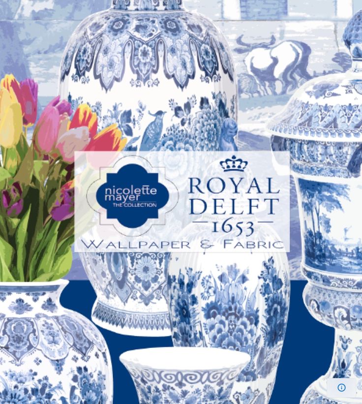 the royal delft wallpaper and fabric collection is displayed in blue and white vases