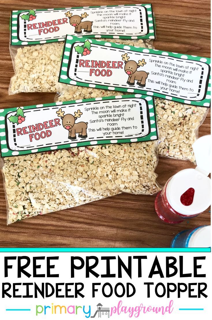 three bags of reindeer food with the text free printable reindeer food topper