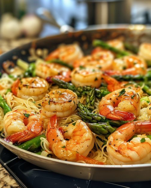 a pan filled with shrimp, asparagus and pasta on top of a stove