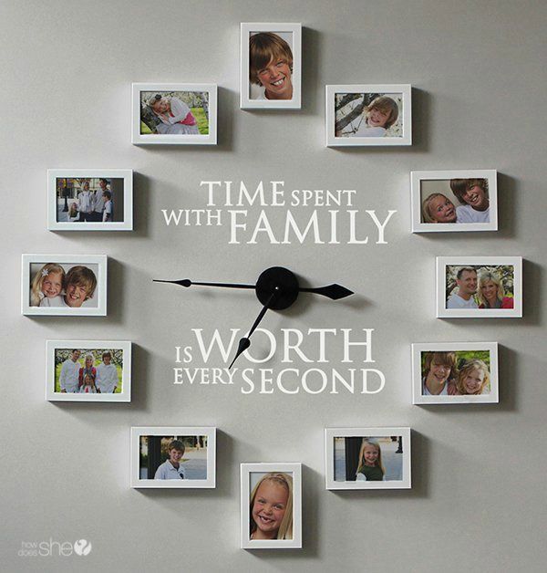 a clock that has pictures on it with the words'time spent with family is worth every second '