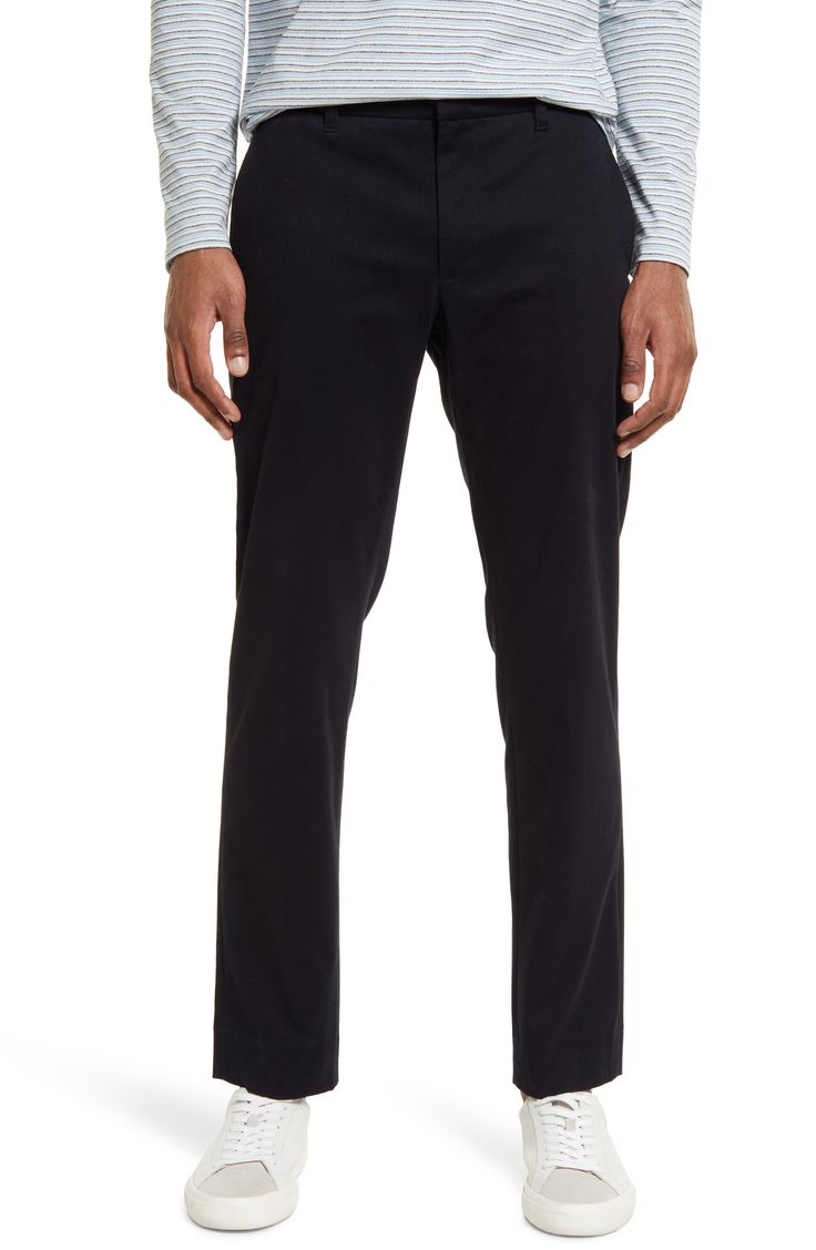 Stretchy cotton twill offers a flexible feel in versatile chinos with a clean, classic silhouette. Zip fly with button closure 98% cotton, 2% elastane Machine wash, tumble dry Imported Grey Pants Brown Shoes, Brown Chinos, Brown Shoes Men, Blue Jeans Mens, Suede Chukka Boots, Suede Chukkas, Chinos Style, Fisherman Sweater, Sneakers Looks