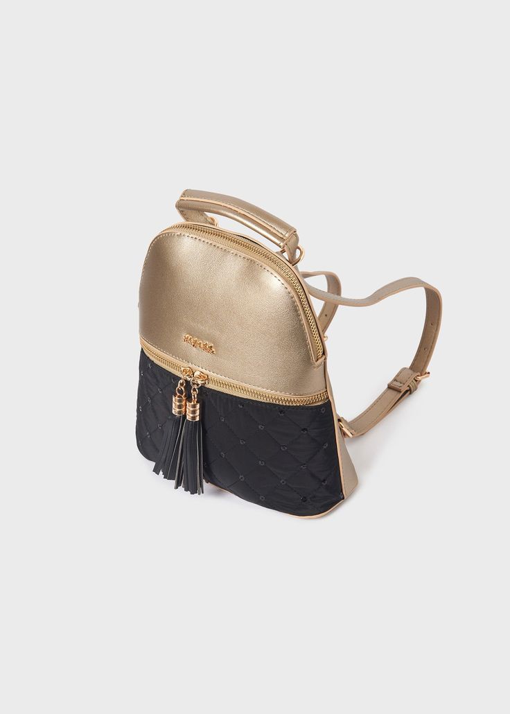 This Abel & Lula Backpack Purse is the perfect blend of fashion and functionality. Crafted from 80% polyurethane and 20% polyester on the outside, and 100% polyester lining, it's a girl's black and gold handbag with a stylish tassel zipper. Beautifully designed for everyday use. Black Backpack With Gold-tone Hardware For On-the-go, Synthetic Bags With Zipper Closure For Everyday Use, Black Backpack With Gold-tone Hardware, Everyday Synthetic Bags With Zipper Closure, Black Backpack With Gold-tone Hardware For Travel, Trendy Gold Bag For School, Gold Backpack For Everyday Use, Gold Backpack For Travel, Black Backpack With Gold-tone Hardware For Daily Use