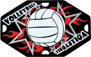 a volleyball ball with flames on it and the words volley ball written in red ink