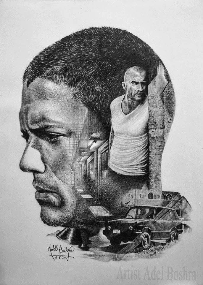 a drawing of a man's face with the image of a car in front of him