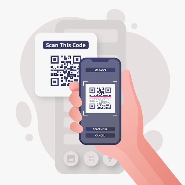 a hand holding a smart phone with a qr code on the screen next to it