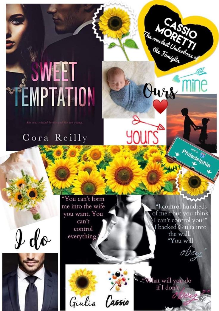 a collage of photos with sunflowers and other things on it, including the words sweet temptingion