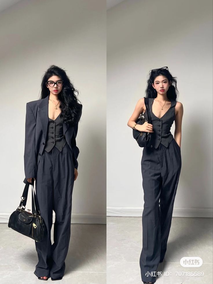 Womens Suits With Corset, Blazer Waistcoat Outfit, Waistcoat Blazer Woman Outfit, Pantsuit Outfit Aesthetic, Afro Victorian Fashion, Blazer Slacks Outfit, Suit Waistcoat Women, Formal Waistcoat For Women, Classy Suits For Women Formal