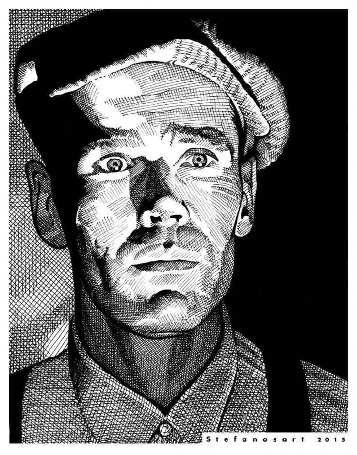 a black and white drawing of a man wearing a hat with his eyes wide open