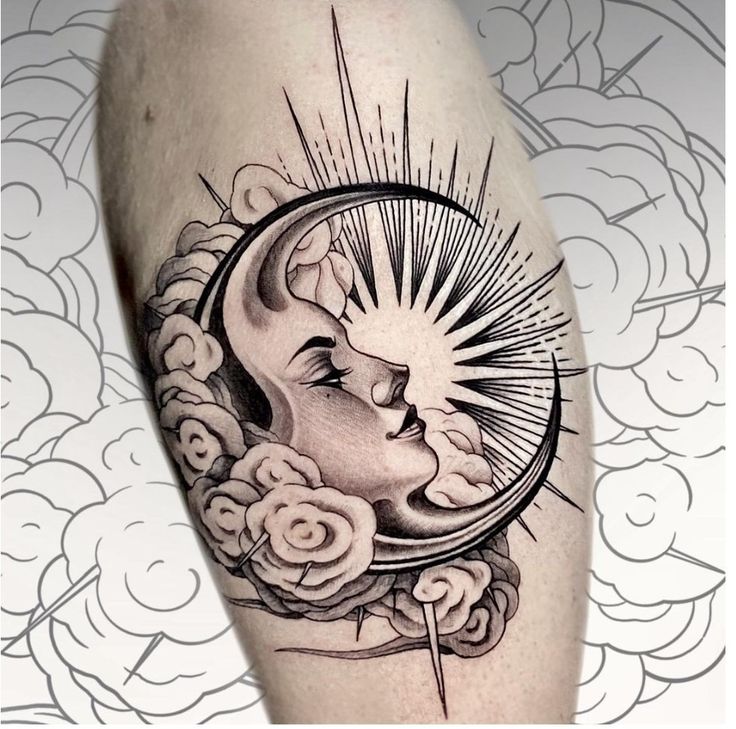 a woman's face with sun and moon tattoo on her leg, surrounded by clouds