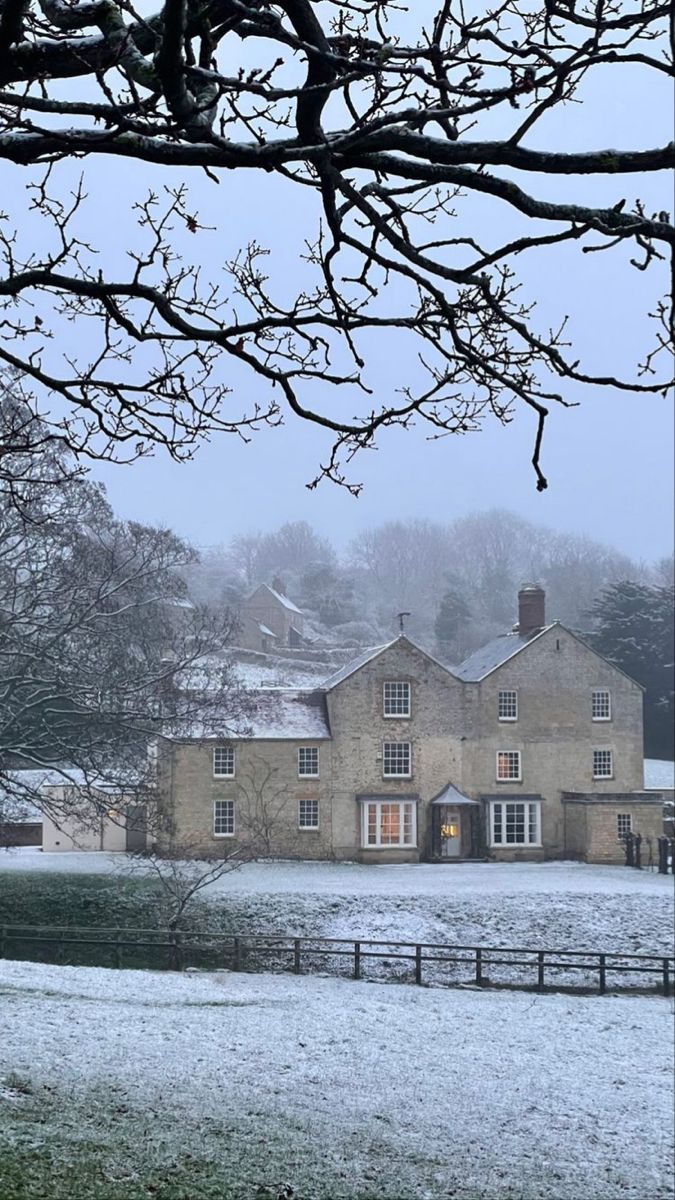 a large house sitting in the middle of a snow covered field next to a tree