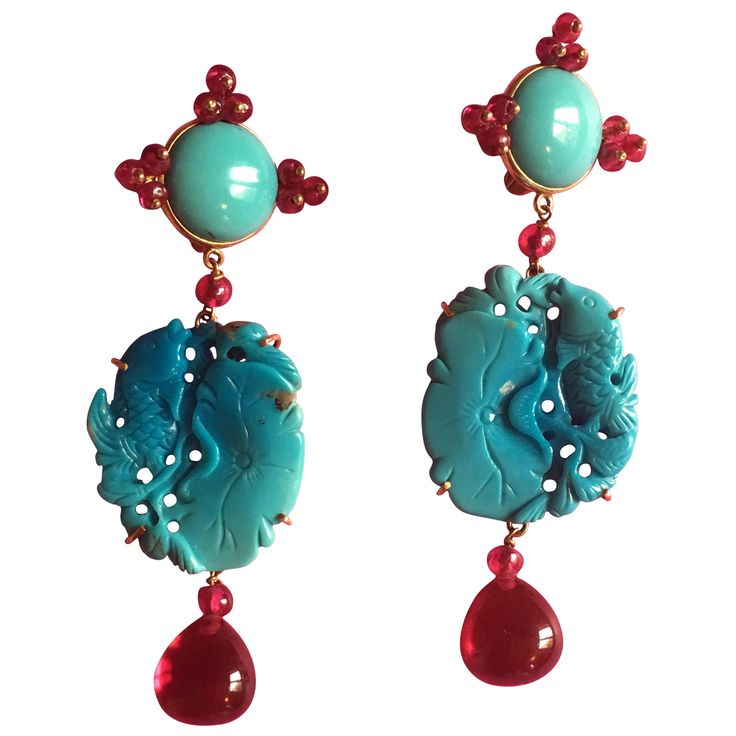 earrings with cabochon turquoise, carved antiques turquoise plaque with fish and lotus leafs rubellite drops gold. total weight of each one 12,03 gr total length 7cm. gold 16 gr All Giulia Colussi jewelry is new and has never been previously owned or worn. Each item will arrive at your door beautifully gift wrapped in our boxes, put inside an elegant pouch or jewel box. Antique Turquoise Jewelry, Art Deco Drop Earrings, Teal Jewelry, Italian Gold Jewelry, Antique Turquoise, Bling Earrings, Contemporary Earrings, Rose Gold Pendant, Antique Earrings