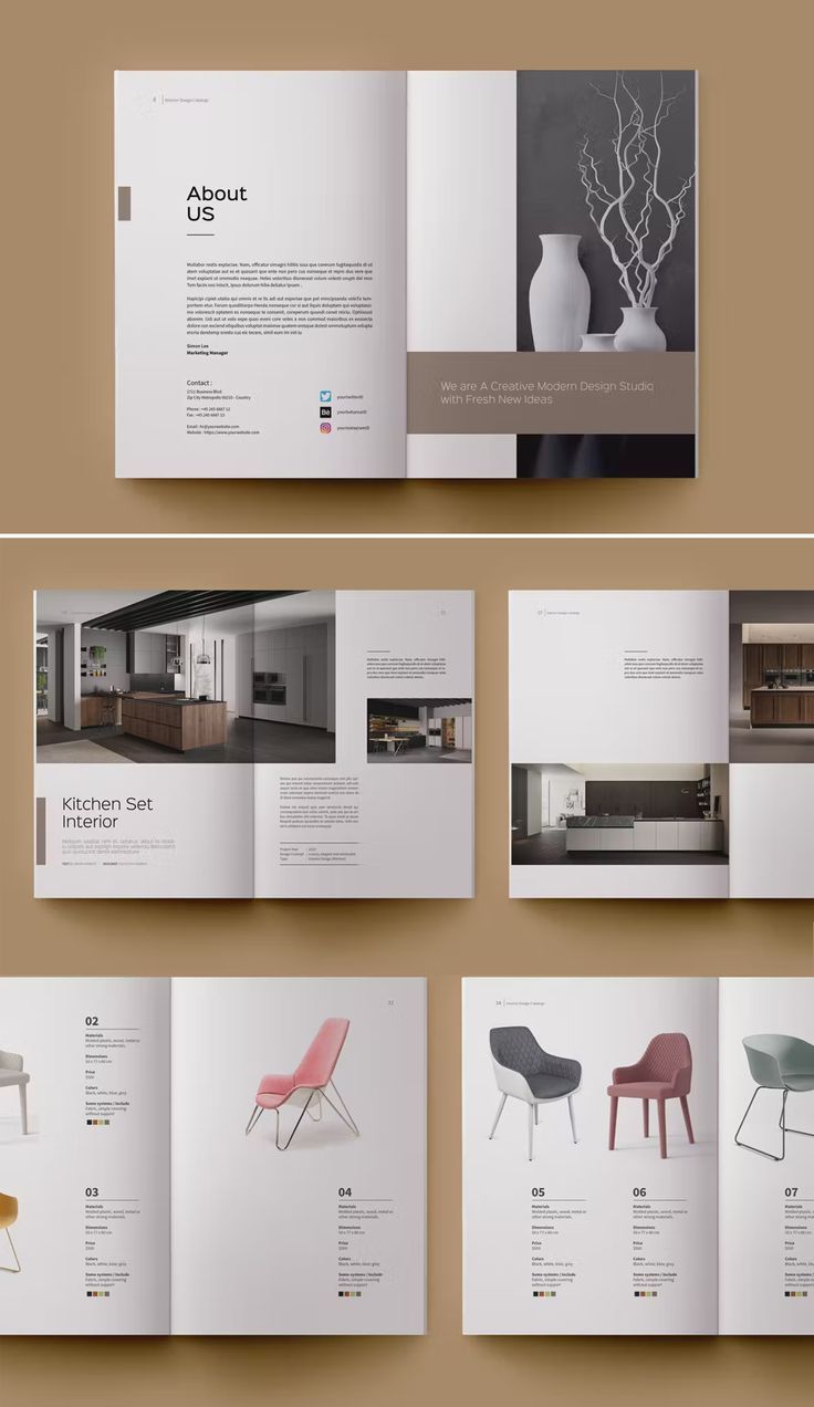 an open brochure with different chairs and vases