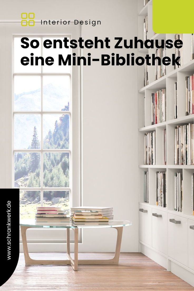 the interior design magazine cover shows a white room with bookshelves and a glass table