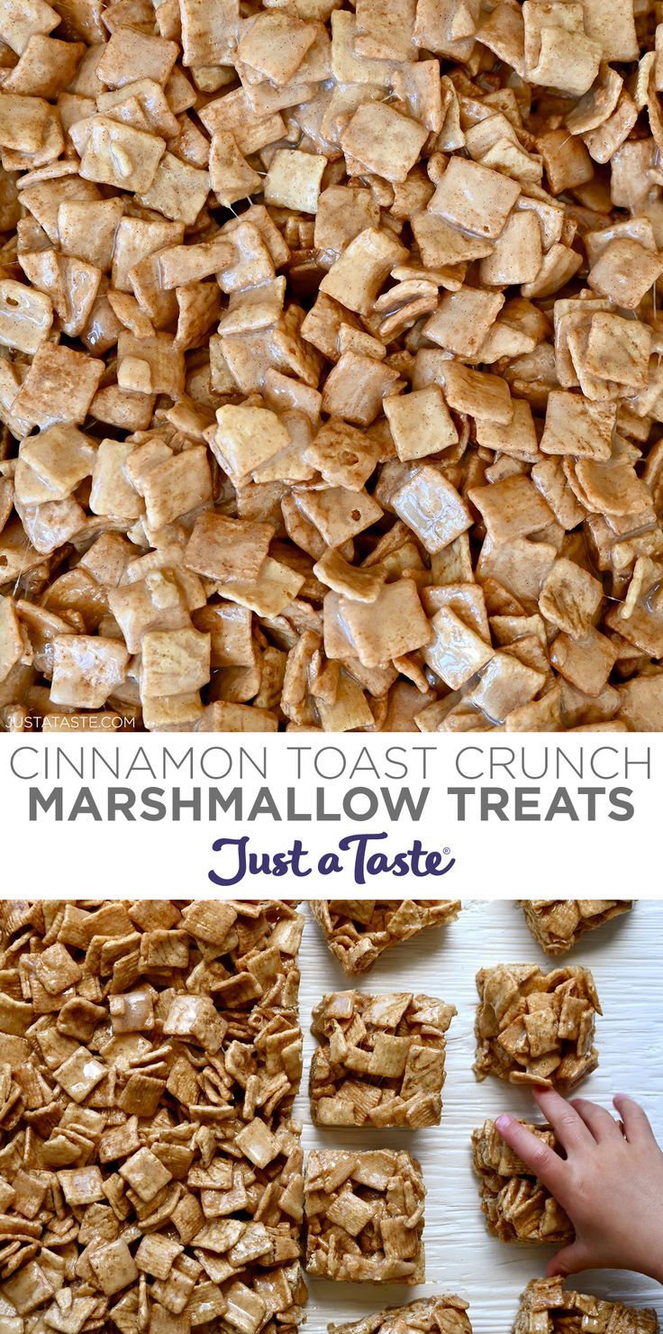 The first image is of Cinnamon Toast Crunch cereal covered in melted marshmallows. The second image is of a child's hand reaching for a Cinnamon Toast Crunch Marshmallow Treat. Trail Mix With Cinnamon Toast Crunch, Cereal And Marshmallow Treats, Cinnamon Toast Crunch Treats Snack Mixes, Cinnamon Toast Crunch Cereal Bars, Cinnamon Toast Crunch Recipes Desserts, Rice Krispie Treats Cinnamon Toast Crunch, Cinnamon Toast Crunch Marshmallow Treats, Cinnamon Crunch Cereal Recipes, Cereal Marshmallow Bars