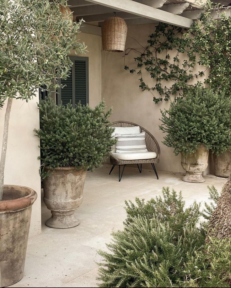 an outdoor patio with potted plants and chairs