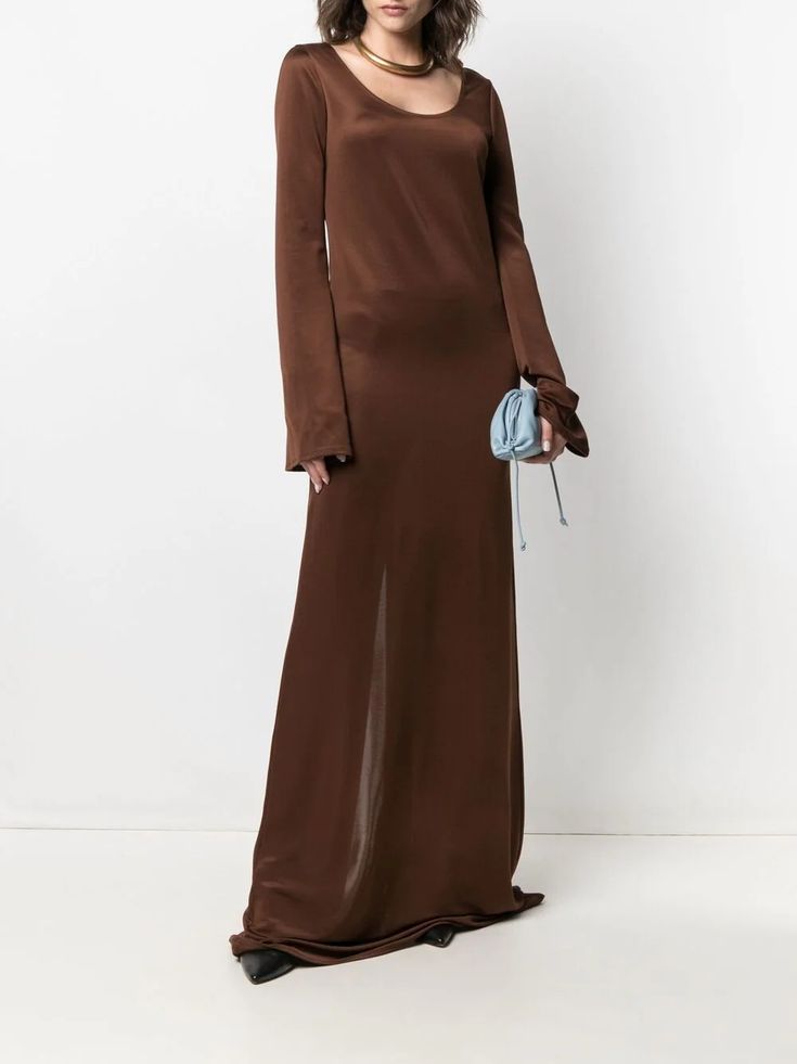 Kwaidan Editions long-sleeve Flared Maxi Dress - Farfetch Brown Floor-length Maxi Dress For Evening, Elegant Brown Long Sleeve Maxi Dress, Elegant Brown Maxi Dress With Long Sleeves, Elegant Long Sleeve Brown Maxi Dress, Brown Fall Evening Maxi Dress, Brown Maxi Dress For Fall Evening, Brown Maxi Dress For Evening In Fall, Formal Brown Long Sleeve Maxi Dress, Brown Silk Long Sleeve Dress