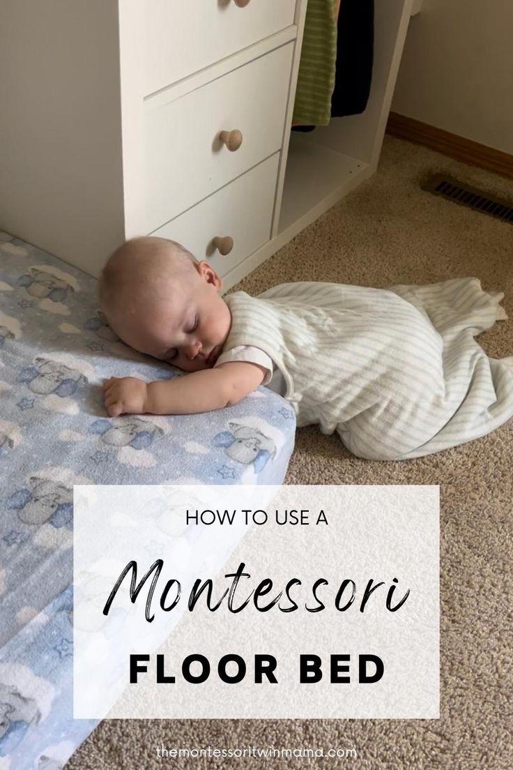 a baby laying on top of a bed with the words how to use a montessoi floorbed