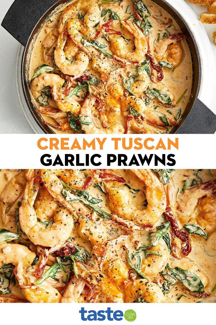 creamy tuscann garlic prawns in a skillet