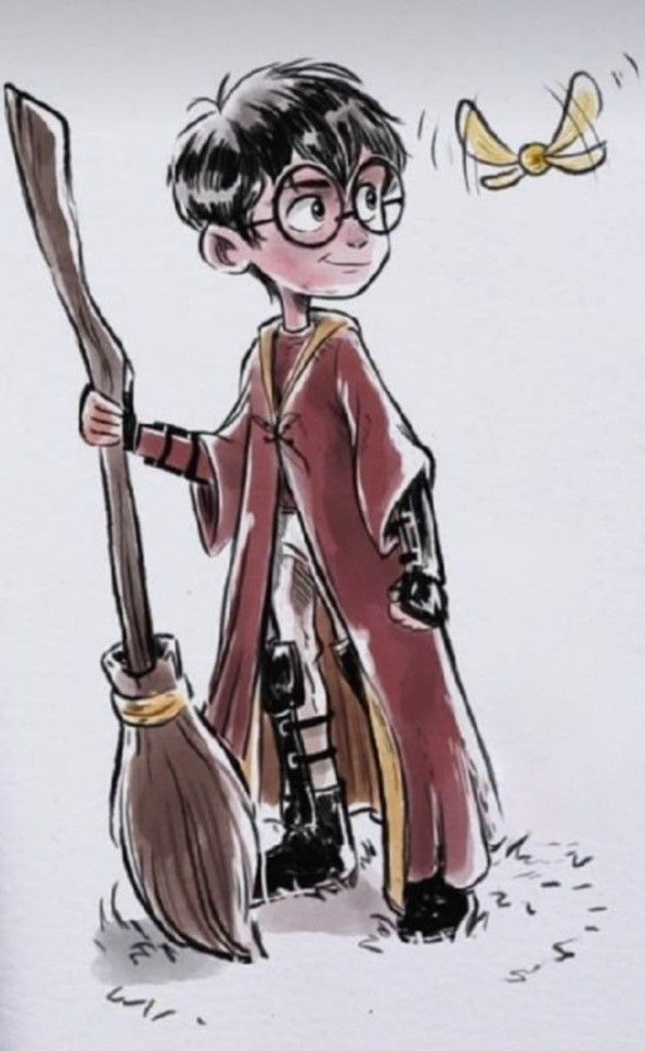 a drawing of a boy dressed as harry potter holding a broom