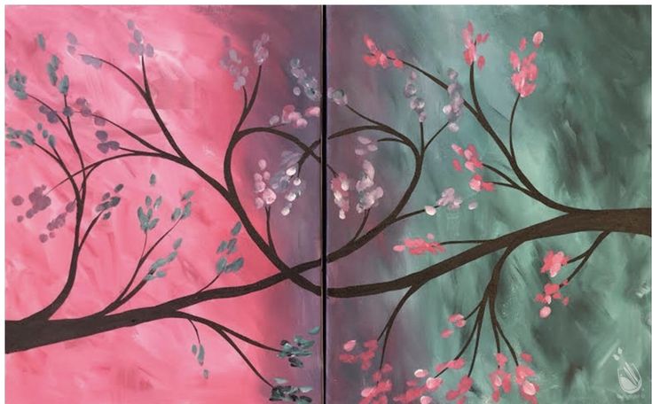 two paintings, one with pink flowers and the other green painted in black on canvases