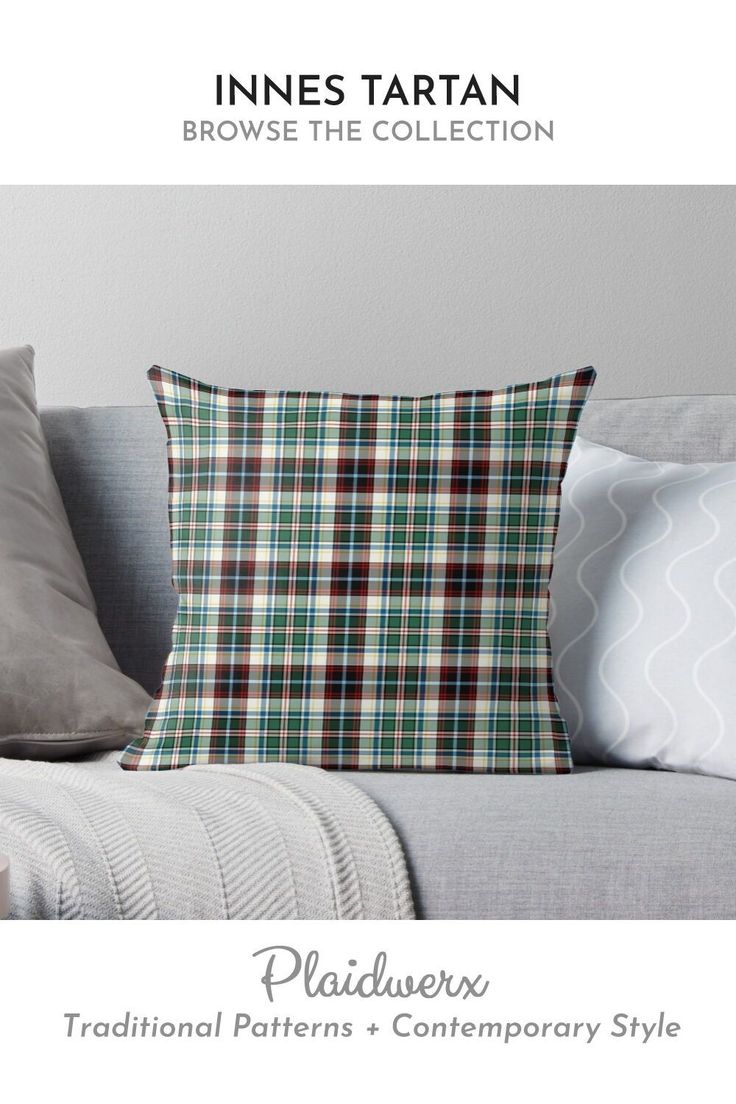 a couch with pillows on top of it and the caption reads, innes tartan browse the collection traditional patterns & contemporary styles