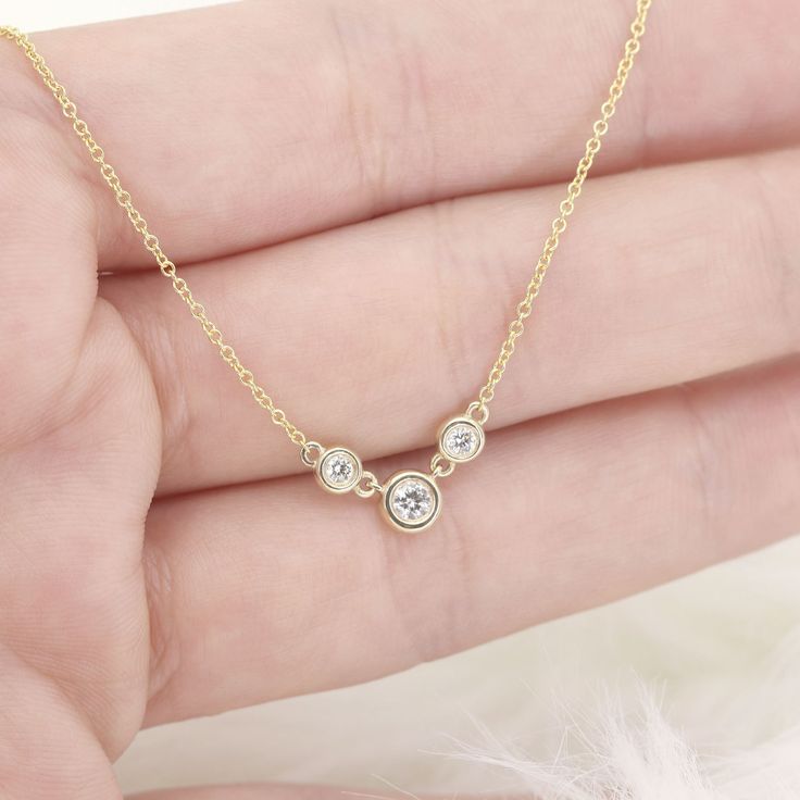 "14k 3 Diamond Station Necklace | Choker Necklace | 14k Natural Diamond Necklace | Flexible Three Stones By The Yard | Layering Necklace | Dainty Necklace P R O D U C T 𝄪 D E T A I L S ✽ Metal: 14k Yellow Gold, White Gold & Rose Gold ✽ Chain Length: 14\" - 20\" (Classic Rolo Chain) ✽ Stone: 2.8 mm x 1pc / 2.0 mm x 2pc Natural Diamond (approx. 0.16ct) ✽ Diamond Color: G ✽ Diamond Clarity: VS2-SI1 ✽ Made to Order O T H E R 𝄪 I N F O R M A T I O N ▪ All items are custom made to order ▪ Rush order Rose Gold Three Stone Jewelry As A Gift, Rose Gold Three Stone Jewelry For Gift, Rose Gold Three Stone Jewelry Gift, Delicate 14k Gold Three-stone Jewelry, Delicate Three Stone 14k Gold Jewelry, Yellow Gold Birthstone Necklace With Clavicle Chain For Anniversary, 14k Yellow Gold Birthstone Necklace With Clavicle Chain, Yellow Gold 14k Birthstone Necklace With Clavicle Chain, Sterling Silver Three Stone Necklace For Anniversary