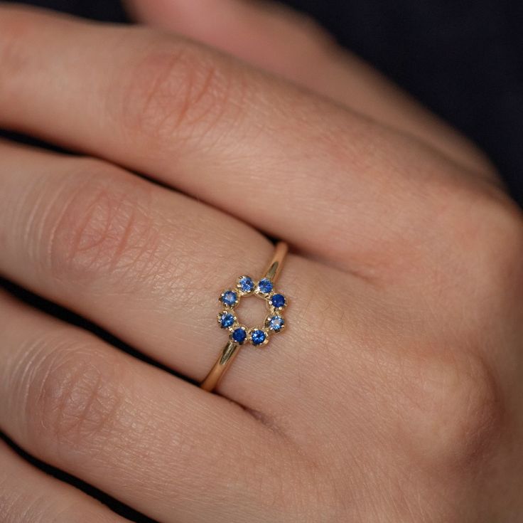 Dainty Blue Sapphire Ring 14K Gold Circle Stacking Solid Gold Ring for Women GR00415-001 - Etsy Greece Sapphire Birthstone Ring In 14k Gold, Blue Birthstone Cluster Ring In 14k Gold, Blue 14k Gold Cluster Ring With Birthstone, Dainty Yellow Gold Sapphire Stackable Rings, Dainty 14k Gold Sapphire Ring, Blue 14k Gold Cluster Ring, Elegant Everyday Blue Stackable Rings, 14k Gold Sapphire Ring With Halo Design For Promise, Delicate Round Sapphire Birthstone Ring