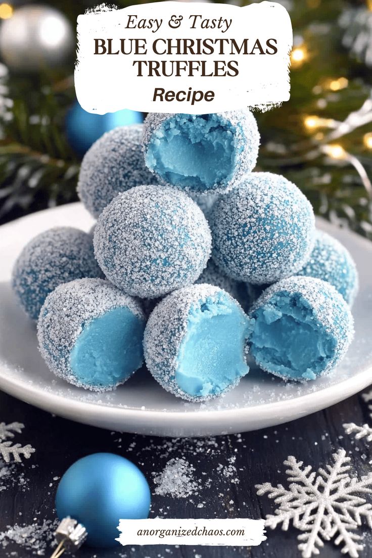 blue christmas truffles recipe on a white plate