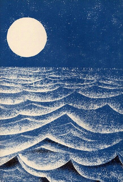 an ocean scene with waves and a full moon