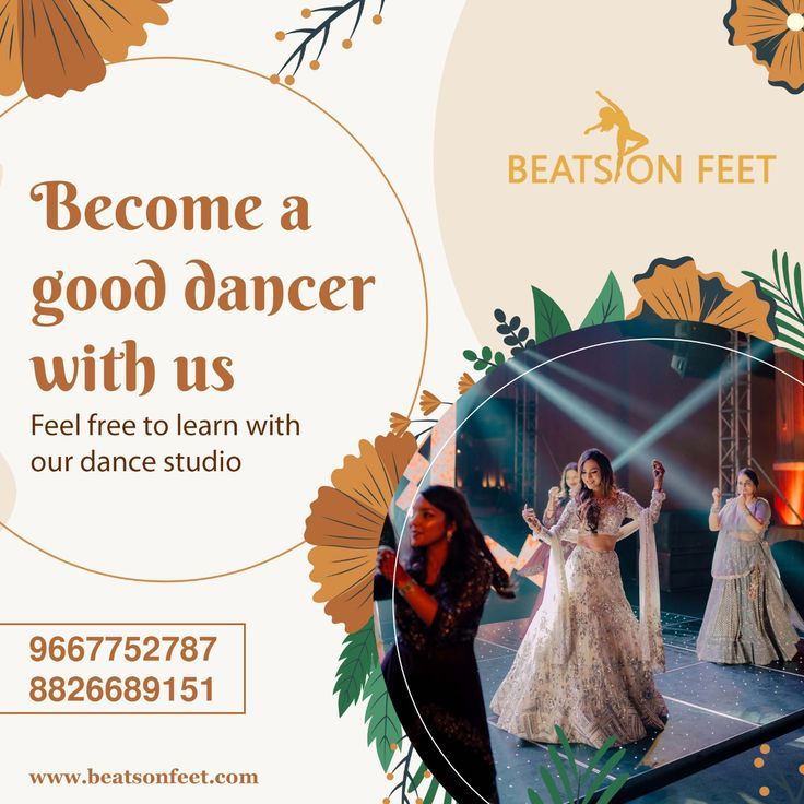 an advertisement for a dance studio featuring two women dancing on stage and the caption reads, become a good dancer with us