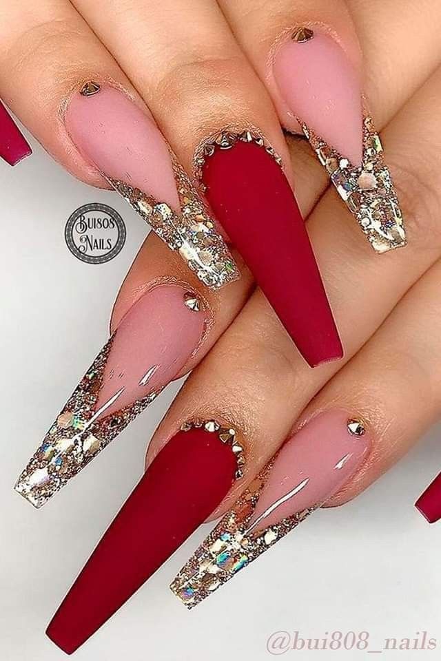 Red And Gold Nails, Gold Acrylic Nails, Red Acrylic Nails, Glamour Nails, Nails Design With Rhinestones, Nails Square, Homecoming Nails, Silver Nails, Luxury Nails