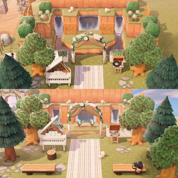 an aerial view of a house in the game animal crossing, with trees and benches