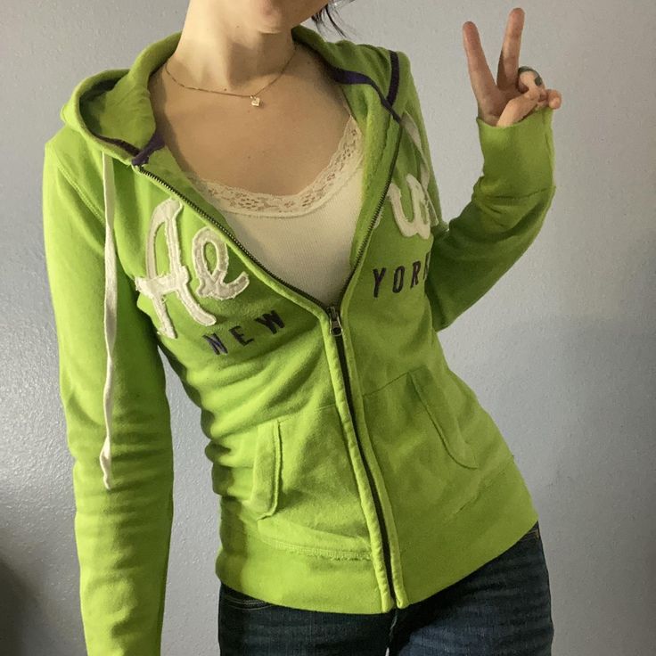 Green graphic y2k zip up hoodie from... - Depop Y2k Zip Up Hoodie, Graphic Y2k, Hoodie Outfit, Zip Up Hoodie, Light Yellow, Aeropostale, Lime Green, Zip Ups, Girl Outfits