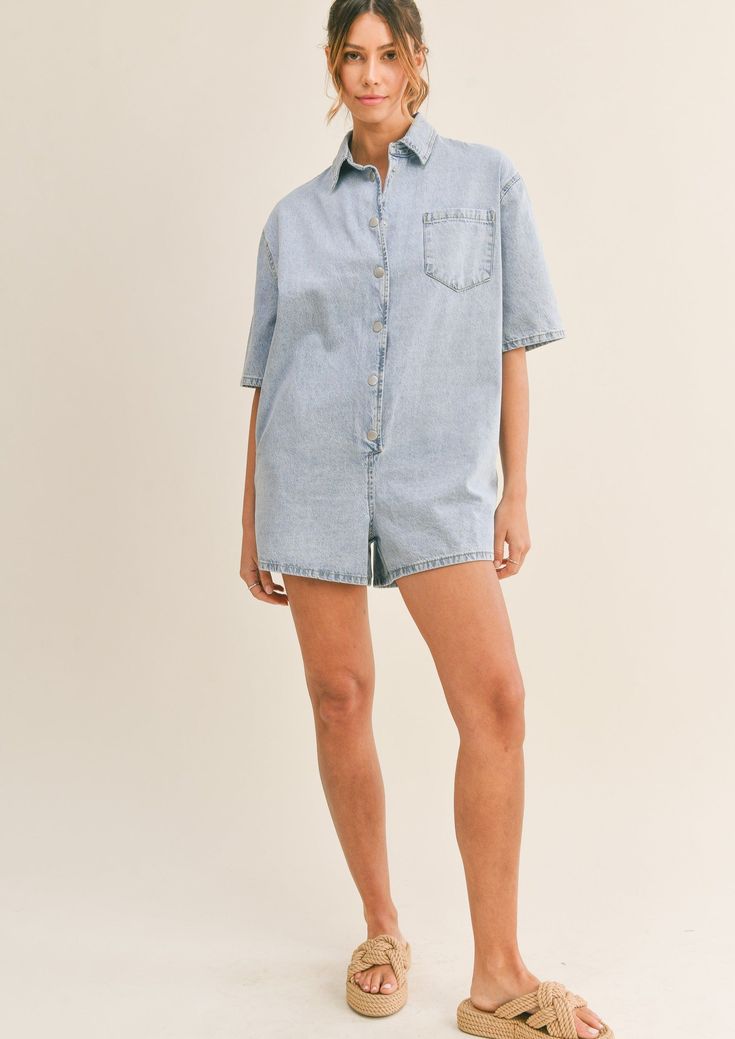 Short sleeve light denim snap button down collared shirt romper with side pocket detail. Shirt Romper, Denim Romper, Collared Shirt, Light Denim, Pocket Detail, Side Pocket, Denim Shirt, Crochet Clothes, Denim Fashion