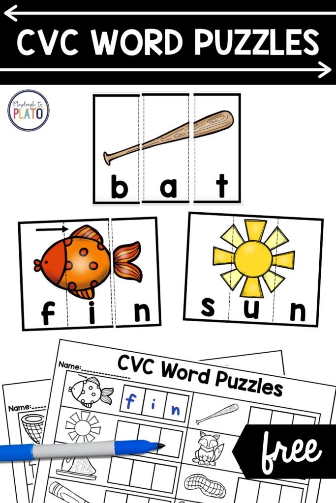 cvc word puzzles with pictures of fish, sun and letters to match the words