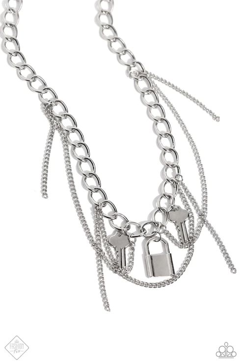 Mismatched silver chains layer down the chest. Featuring a high-metallic sheen, two key charms and a silver lock charm dangle from the upper-most chain while solitaire strands of silver chain sporadically swing and loop through the display, infusing the design with grungy movement. Features an adjustable clasp closure. Sold as one individual necklace. Includes one pair of matching earrings. Paparazzi Accessories Silver Dangle Charm Necklace, Silver Metal Necklace With Lock Detail, Silver Chain Necklace With Lock, Silver Dangle Double Chain Necklace, Silver Double Chain Dangle Necklace, Grungy Style, Key Charms, Latest Jewellery Trends, Lock Necklace